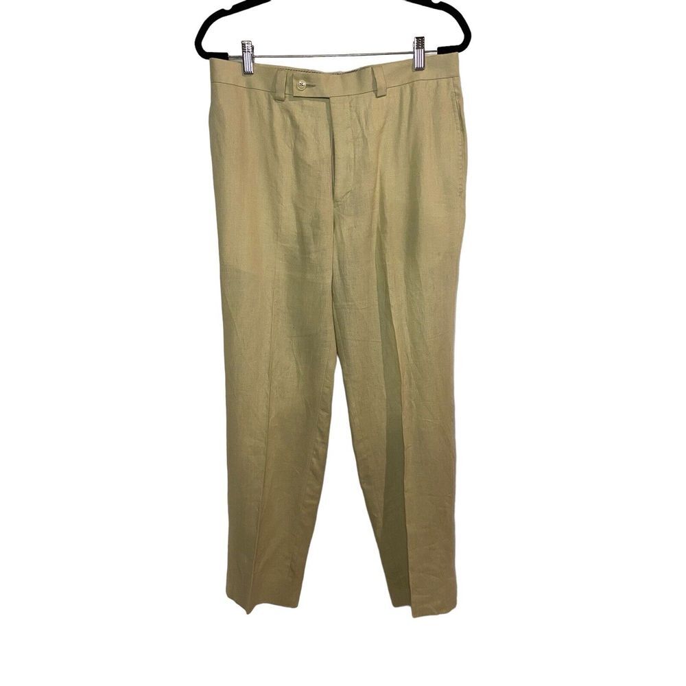 Calvin‎ Klein Dress Suit Pant Linen Size 32 Flat Front Tan Beige 30" Inseam
